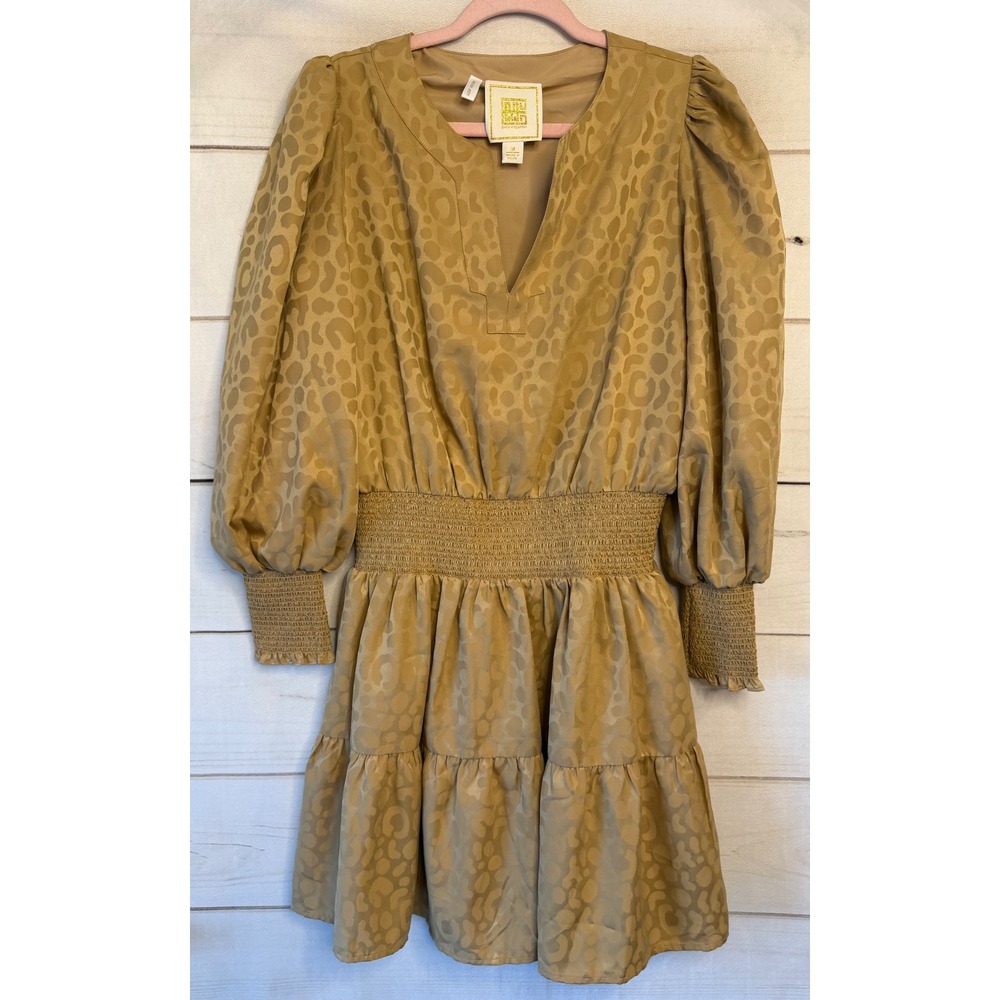 Emily McCarthy Poppy Dress Tan Leopard Jacquard Smocked Tiered Mini Dress M